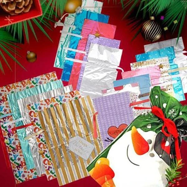 Christmas Gift Bags with Drawstring Closure and Laminated Finish, Assorted Sizes Set of 12 Zolana