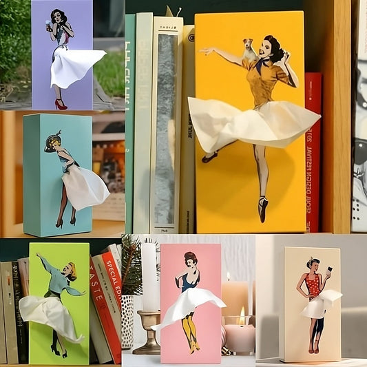 Tissue Box Cover with Fluttering Skirt and Concealed Weighted Base, Fits Standard Boxes