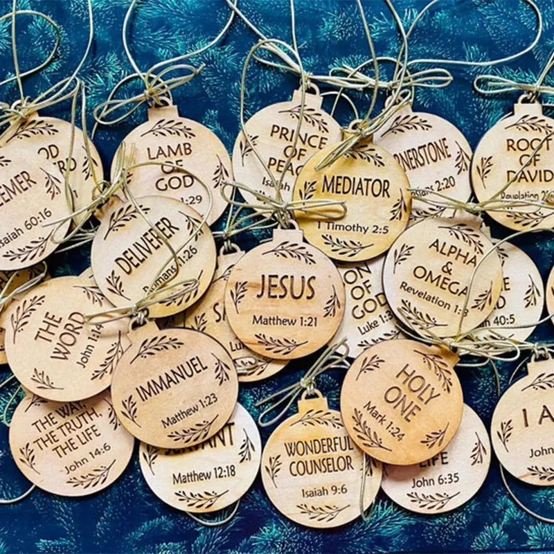 Advent Ornaments with Scripture Names and Engraved or Scored Finish, 24 or 12 Wood Pieces Zolana