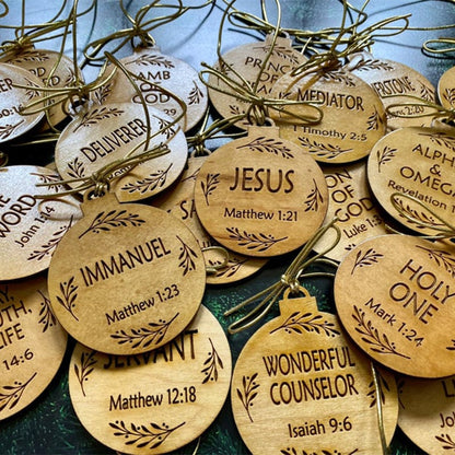 Wooden Advent Name Ornaments with Twine Strings and Devotional Guide, 12 or 24 Pieces