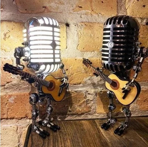 Retro Microphone Desk Lamp with Adjustable Joints and Mini Guitar Accessory, Metal LED Zolana