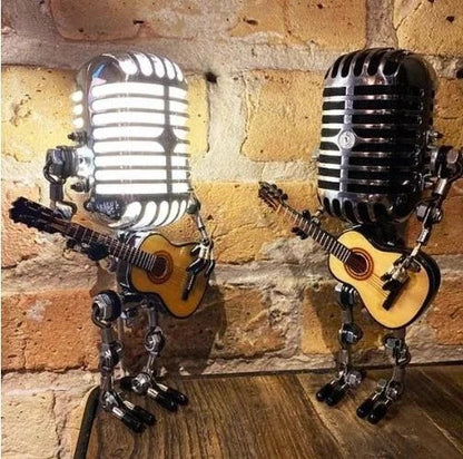 Microphone Desk Lamp with Articulated Joints and Mini Guitar Accessory, Retro Metal LED