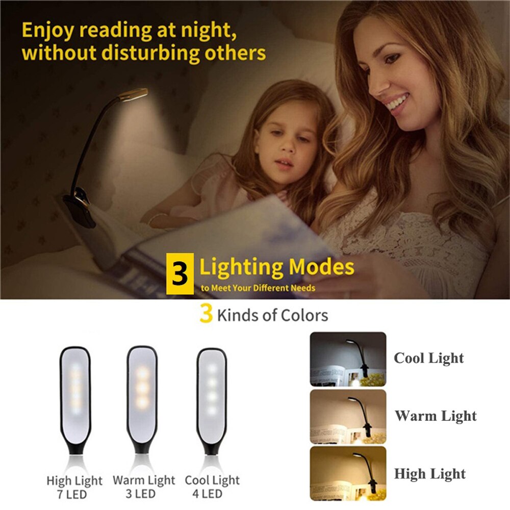 Book Light with Clamp and Adjustable Color Modes, USB Rechargeable Zolana