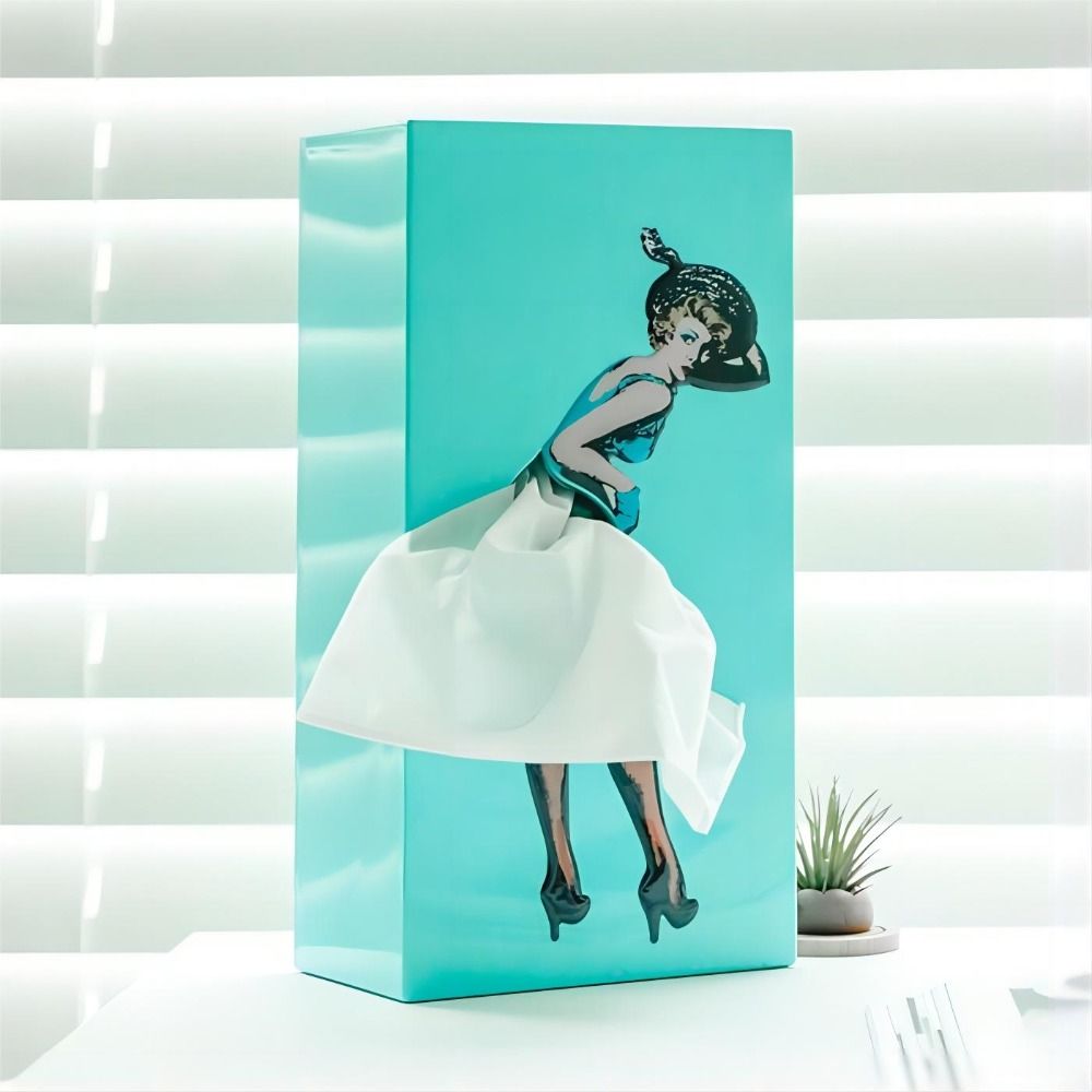Tissue Box Cover with Fluttering Skirt and Concealed Weighted Base, Fits Standard Boxes