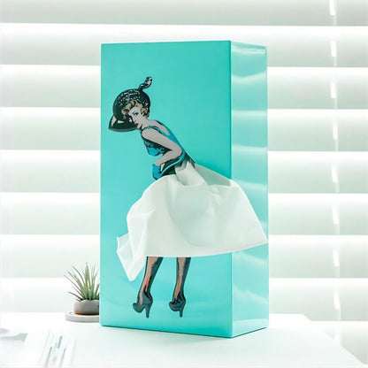 Tissue Box Cover with Fluttering Skirt and Concealed Weighted Base, Fits Standard Boxes
