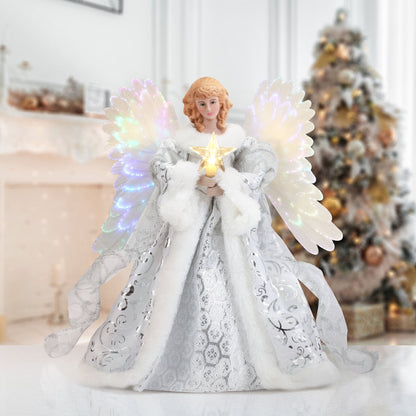 Angel Tree Topper with Animated Fiber Optic Wings and Warm White Star, Cone Base