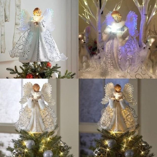 Angel Tree Topper with Animated Fiber Optic Wings and Warm White Star, Cone Base
