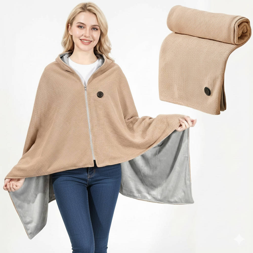 Heated Shawl with USB-C Power and Eight-Zone Carbon Fiber Heating, Zipper Closure Zolana