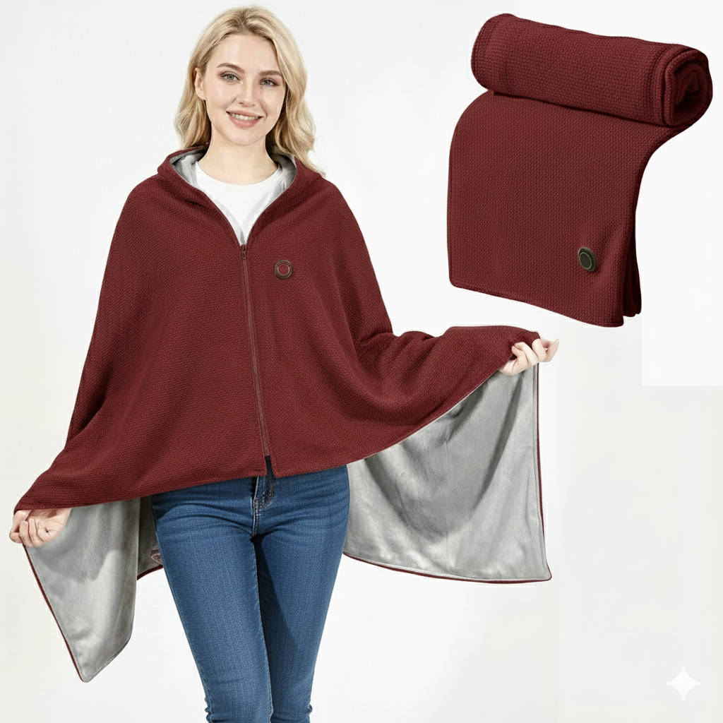 Heated Shawl with USB-C Power and 8-Zone Carbon Fiber Heating, Zipper Closure