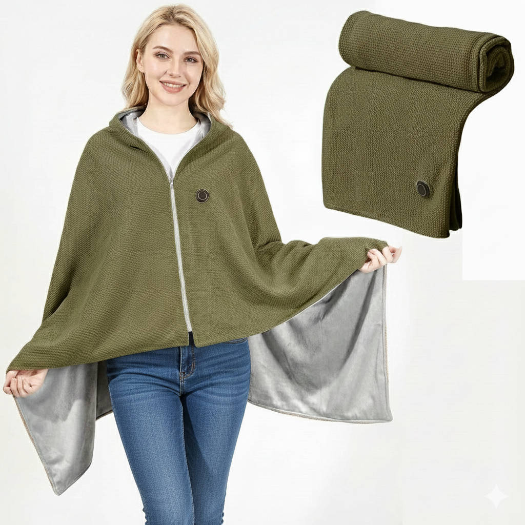 Heated Shawl with USB-C Power and 8-Zone Carbon Fiber Heating, Zipper Closure