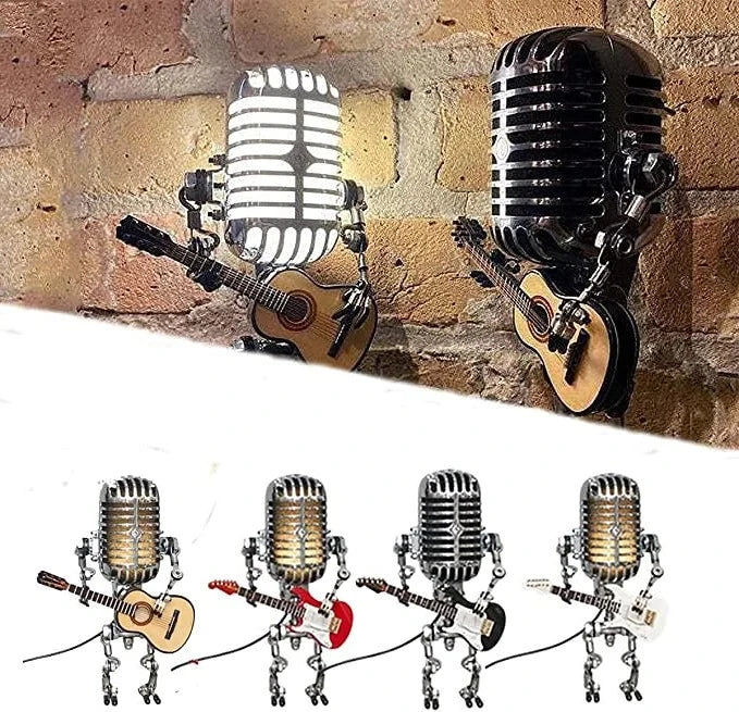 Retro Microphone Desk Lamp with Adjustable Joints and Mini Guitar Accessory, Metal LED Zolana