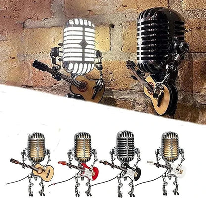 Retro Microphone Desk Lamp with Adjustable Joints and Mini Guitar Accessory, Metal LED Zolana