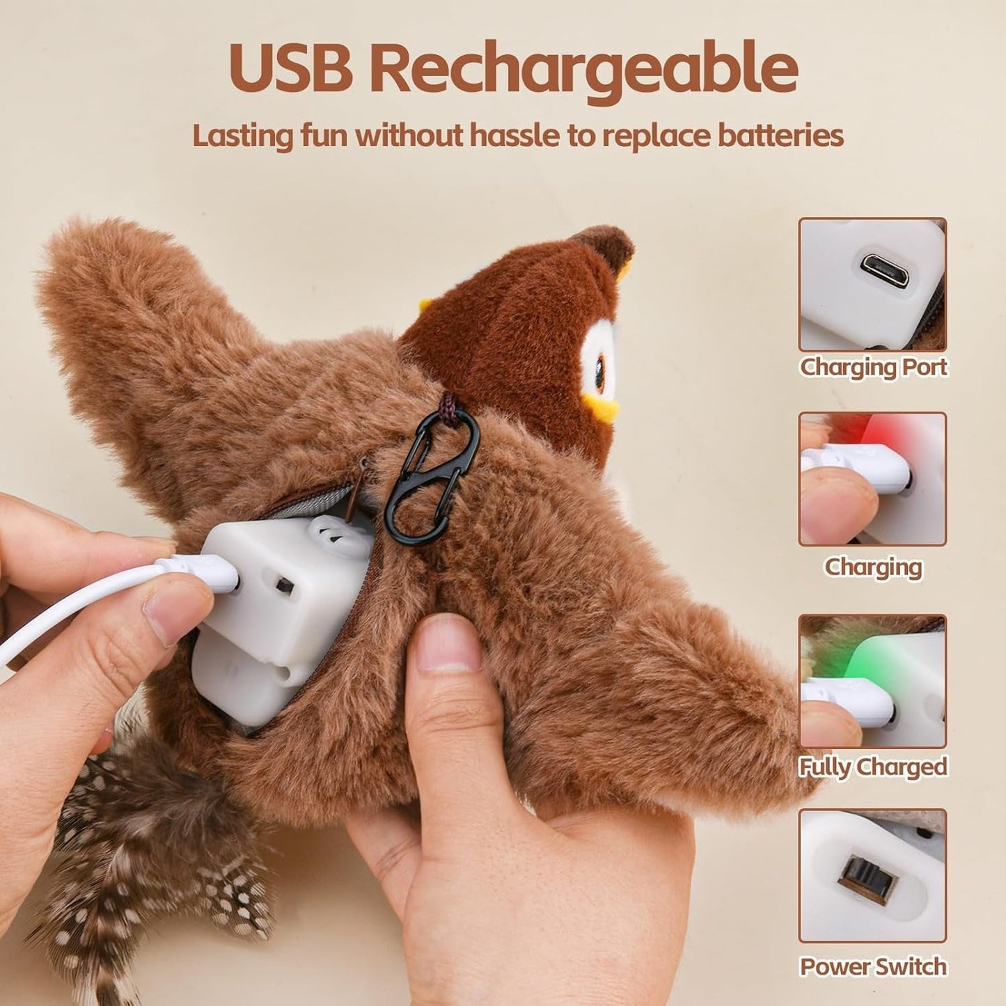 Interactive Cat Toy with Motion-Activated Chirps and Fluttering Wings, USB-C Rechargeable