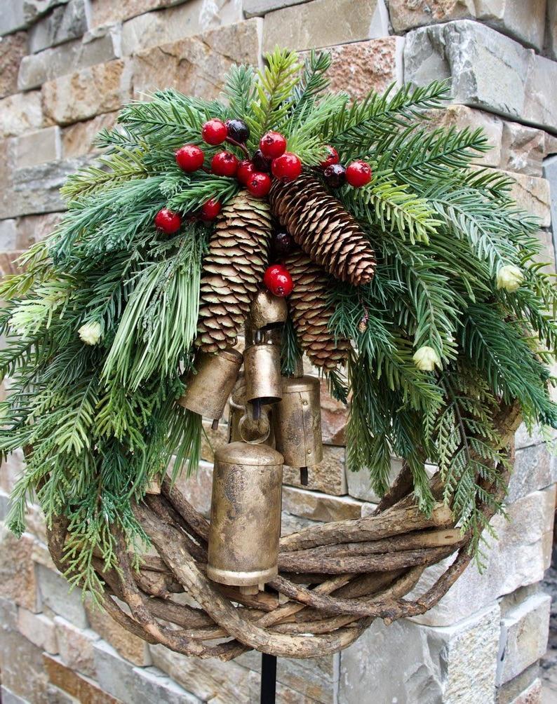 Christmas Wreath with Rustic Vine Base and Pinecones, 17-Inch Indoor Outdoor Door Decor