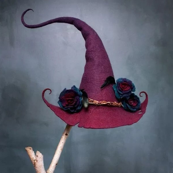 Felt Witch Hat with Adjustable Inner Band and Hand-Dyed Chiffon Trim, Handmade