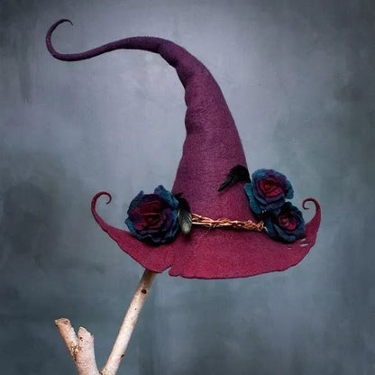 Felt Witch Hat with Adjustable Inner Band and Hand-Dyed Chiffon Trim, Handmade