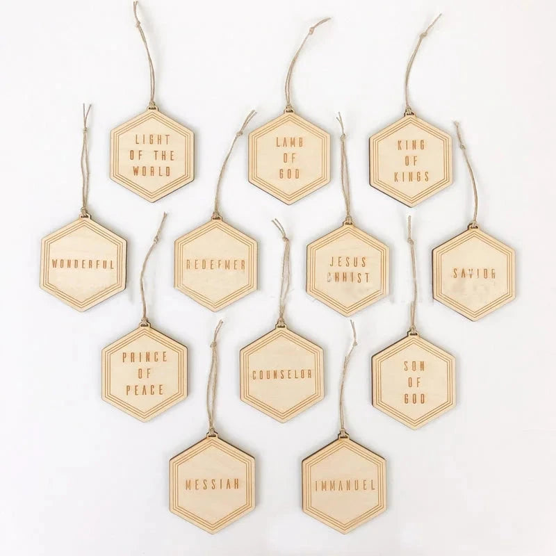 Advent Ornaments with Scripture Names and Engraved or Scored Finish, 24 or 12 Wood Pieces Zolana