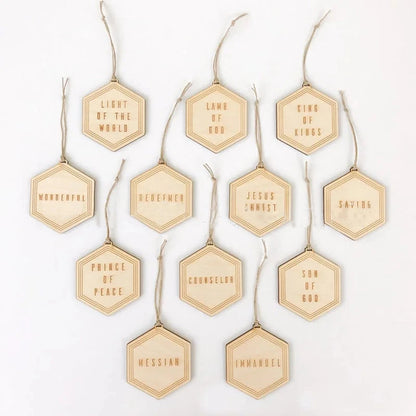 Advent Ornaments with Scripture Names and Engraved or Scored Finish, 24 or 12 Wood Pieces Zolana
