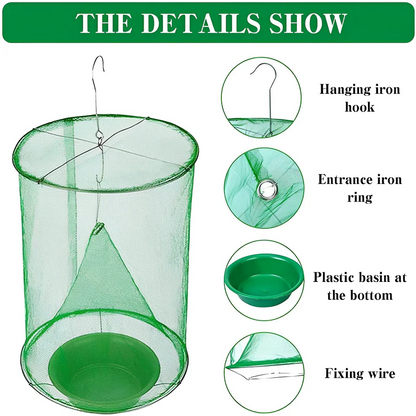 Reusable Fly Trap with Odorless Bait and High-Capacity Capture Chamber, 10 Bait Units