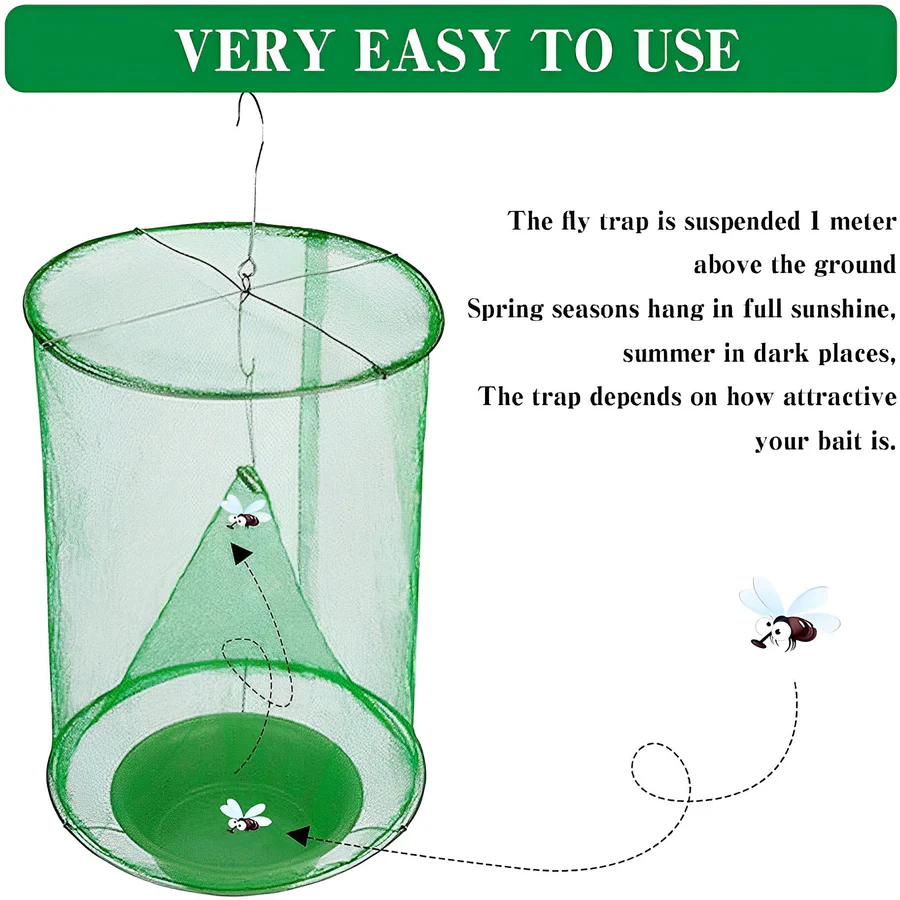 Reusable Fly Trap with Odorless Bait and High-Capacity Capture Chamber, 10 Bait Units