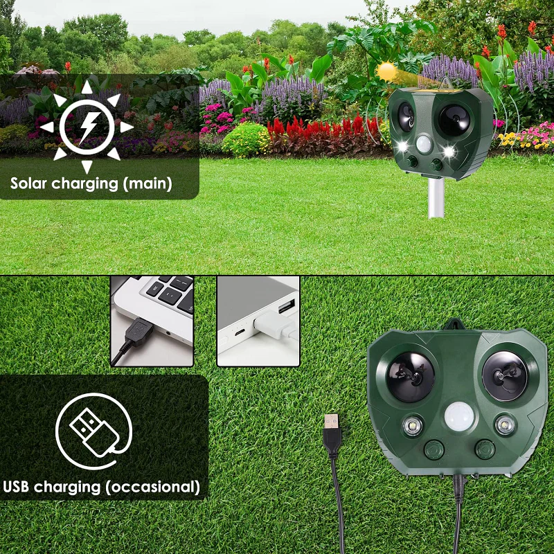 Solar Bird Repeller with Ultrasonic Pulses and Flashing LED, USB Rechargeable