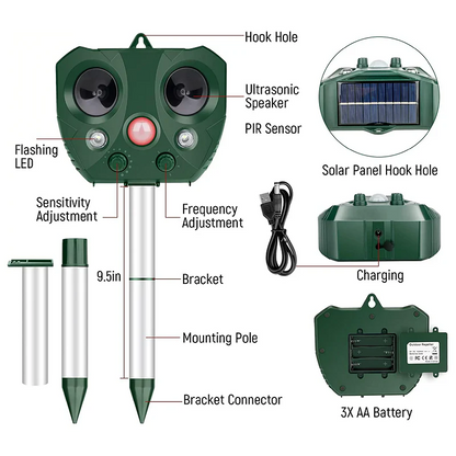 Solar Bird Repeller with Ultrasonic Pulses and Flashing LED, USB Rechargeable