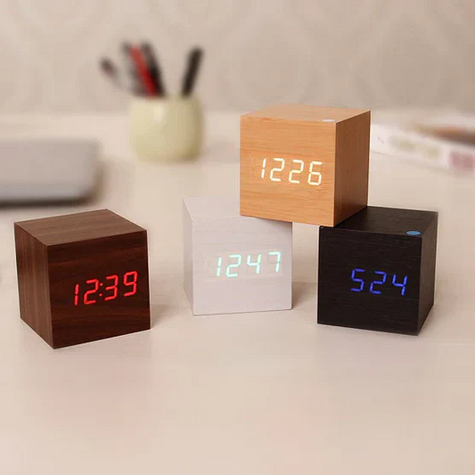 Wooden Digital Clock with Integrated LED Numerals and USB Power, Compact Minimalist Design