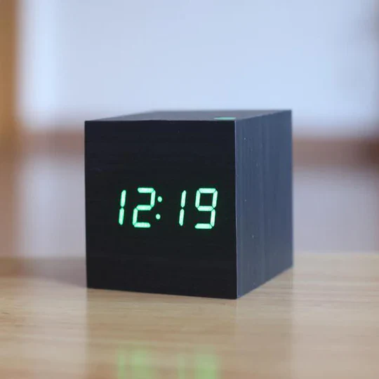 Wooden Digital Clock with Integrated LED Numerals and USB Power, Compact Minimalist Design