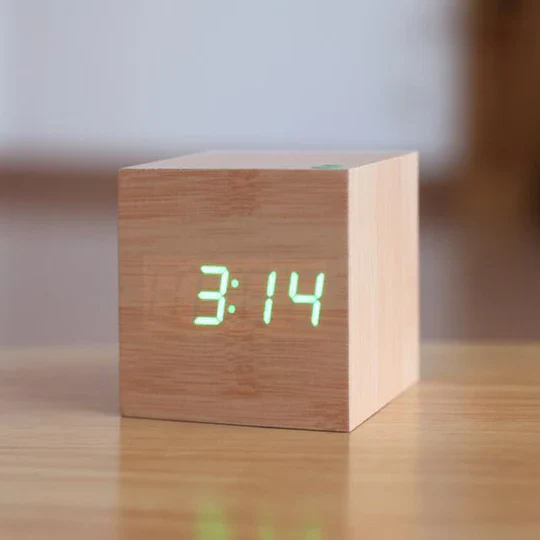 Wooden Digital Clock with Integrated LED Numerals and USB Power, Compact Minimalist Design