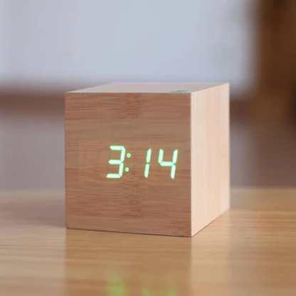 Wooden Digital Clock with Integrated LED Numerals and USB Power, Compact Minimalist Design