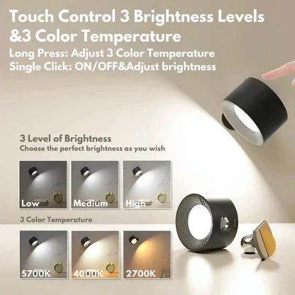 Wireless Rechargeable Wall Light with 360° Magnetic Swivel and Touch Controls, USB-C Zolana