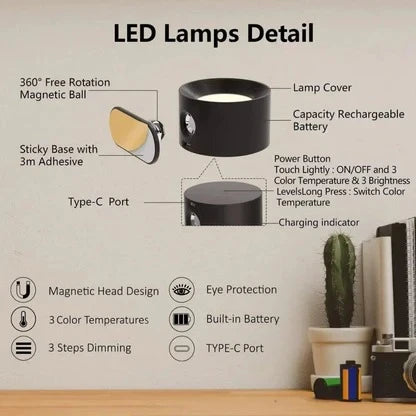 Wireless Rechargeable Wall Light with 360° Magnetic Swivel and Touch Controls, USB-C Zolana