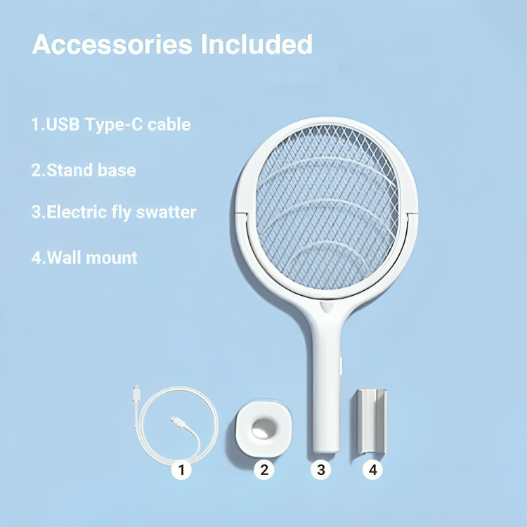 Bug Zapper Racket with USB-C Fast Charging and Adjustable Head, Stand Included
