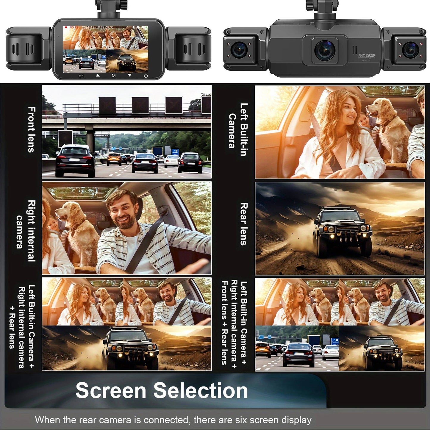 4-Channel Car Dash Cam with Night Vision and WiFi Live View, Front 1080P 170°