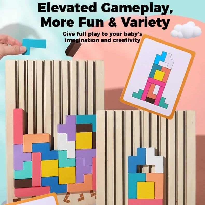 Wooden Puzzle Set with Foldout Stand and Storage Tray, 42 Blocks for Ages 3+