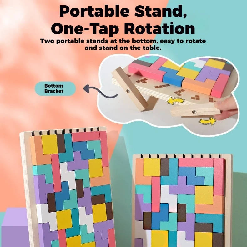Wooden Puzzle Set with Foldout Stand and Storage Tray, 42 Blocks for Ages 3+