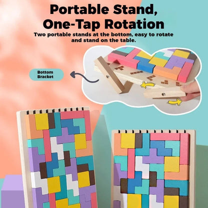 Wooden Puzzle Set with Foldout Stand and Storage Tray, 42 Blocks for Ages 3+