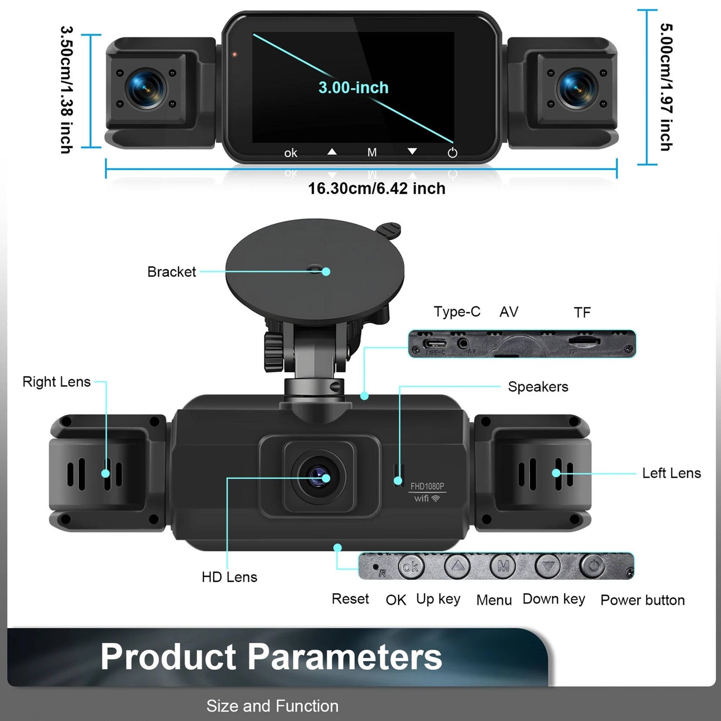 Four-Channel Dash Cam with Night Vision and WiFi, Front 1080P