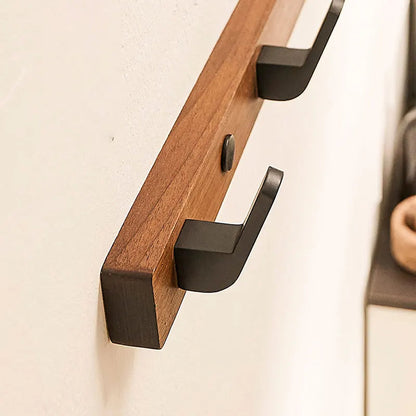 Wall Mounted Coat Rack with Solid Wood Accent and Powder Coated Metal, Matte Black