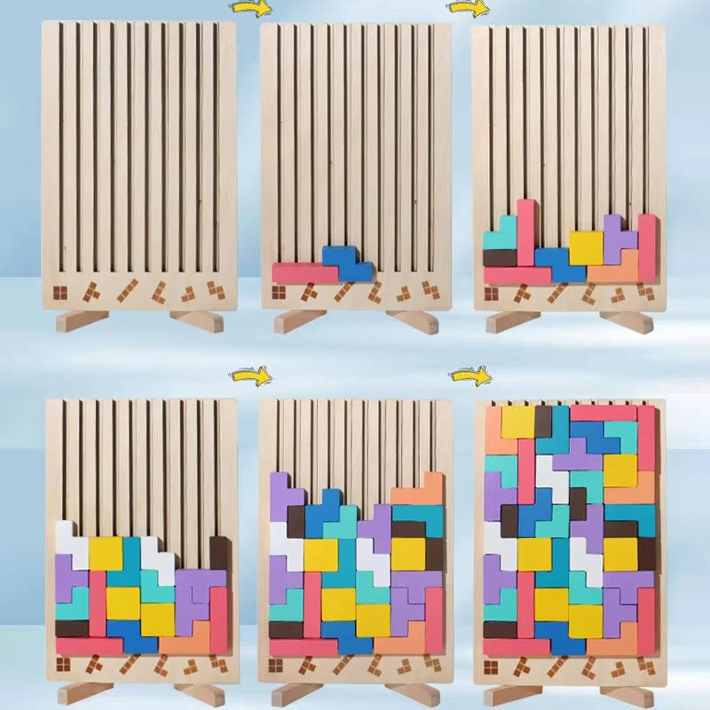 Wooden Learning Block Set with 42 Blocks and 10 Puzzle Cards, Foldout Play Board