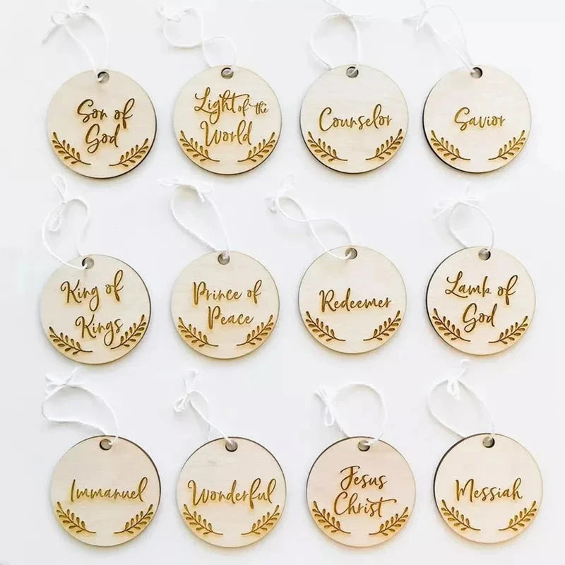 Advent Ornaments with Scripture Names and Engraved or Scored Finish, 24 or 12 Wood Pieces Zolana