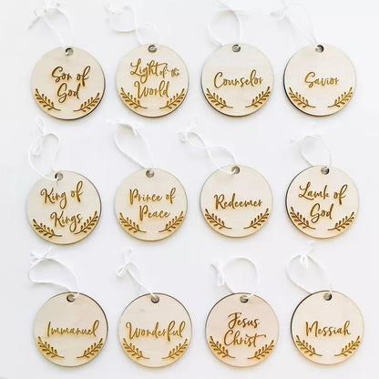 Wooden Advent Name Ornaments with Twine Strings and Devotional Guide, 12 or 24 Pieces