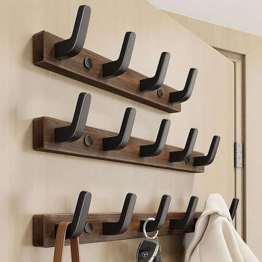Wall-Mounted Coat Rack with Solid Wood Backplate and Reinforced Steel Hooks, Matte Black