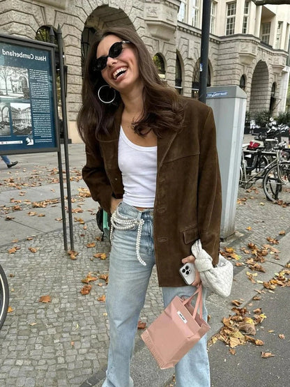 Brown Suede-Like Jacket with Tailored Lapel and Front Pockets, Long Sleeve