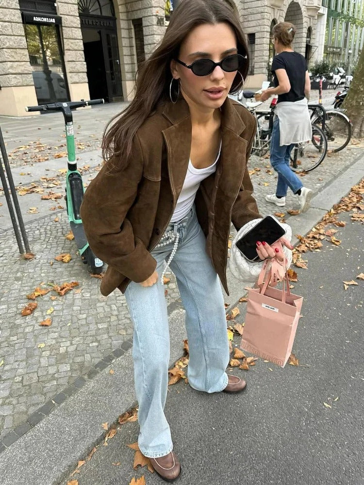Women's Suede-Like Jacket with Tailored Silhouette and Practical Pockets, Brown Zolana