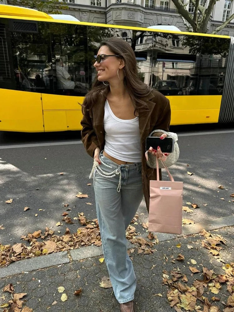 Women's Suede-Like Jacket with Tailored Silhouette and Practical Pockets, Brown Zolana