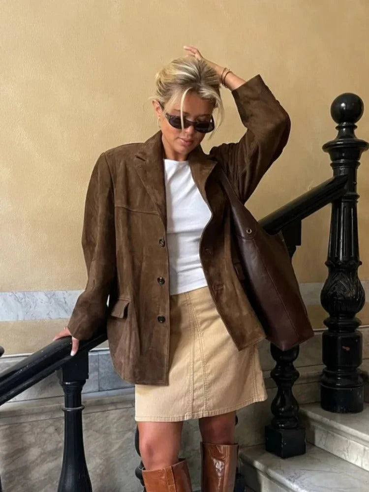 Women's Suede-Like Jacket with Tailored Silhouette and Practical Pockets, Brown Zolana