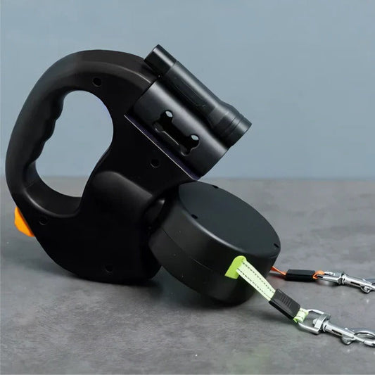 Dual Retractable Dog Leash with LED Light and 360° Swivel, 9.8 Ft Per Lead
