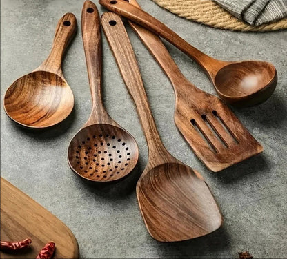 Teak Kitchen Utensil Set with Polished Food-Safe Finish and Ergonomic Handles, Spoon Spatula Ladle Turner Zolana