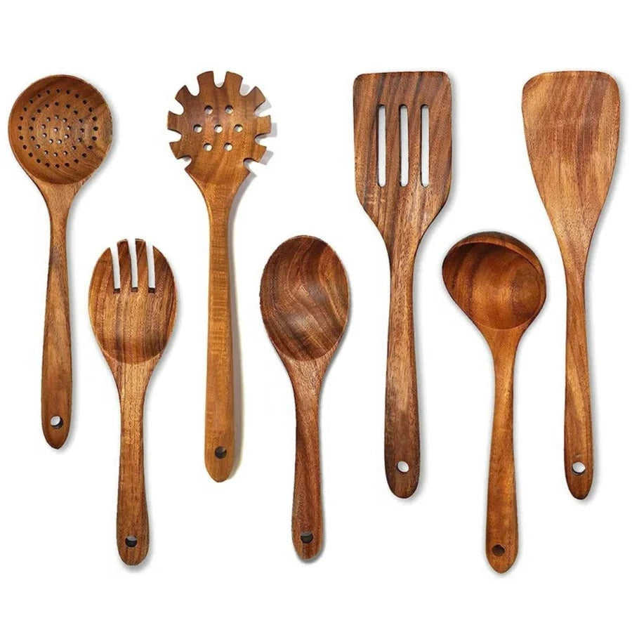 Teak Kitchen Utensil Set with Polished Food-Safe Finish and Ergonomic Handles, Spoon Spatula Ladle Turner Zolana